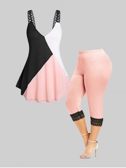 Curve Colorblock Backless Tank Top and Lace Crochet Cropped Leggings Plus Size Summer Outfit - MULTI