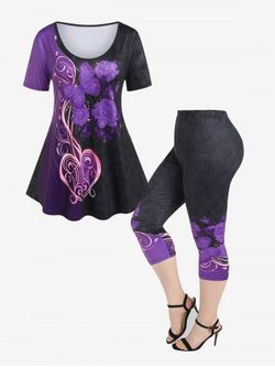 Rose Butterfly Print Colorblock Tee and Capri Leggings Plus Size Summer Outfit - PURPLE