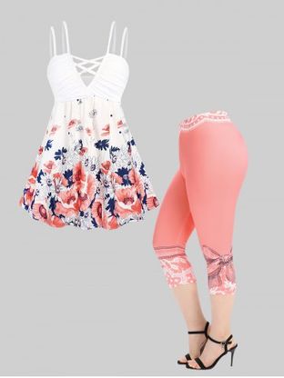 Cottagecore Floral Print Crisscross Plunge Tank Top and Skinny Capri Leggings Plus Size Outfit