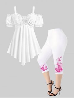 Cold Shoulder Butterfly Lace Empire Waist Tee and Capri Leggings Plus Size Summer Outfit - WHITE