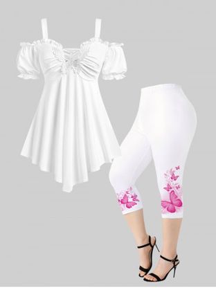 Cold Shoulder Butterfly Lace Empire Waist Tee and Capri Leggings Plus Size Summer Outfit