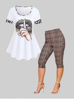 Gesture Leopard Lip Print Tee and Plaid High Rise Crop Leggings Plus Size Summer Outfit