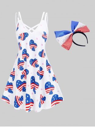 Plus Size Crisscross American Flag Patriotic Sundress with Bowknot Headband