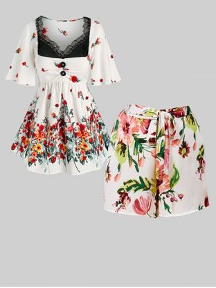 Floral Print Blouse with Lace and Belted Shorts Plus Size Summer Outfit
