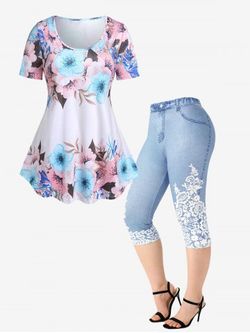Floral Print Casual Tee and 3D Denim Lace Print Capri Jeggings Plus Size Summer Outfit - LIGHT BLUE
