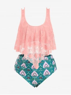 Plus Size Lace Overlay Printed Tankini Swimsuit