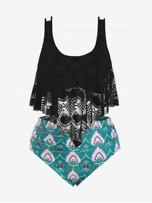 Plus Size Lace Overlay Printed Tankini Swimsuit