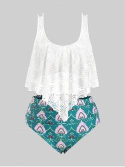 Plus Size Lace Overlay Printed Tankini Swimsuit - WHITE - 2X