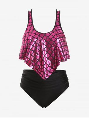 Plus Size Ruffled Mermaid Print High Waist Tankini Swimsuit