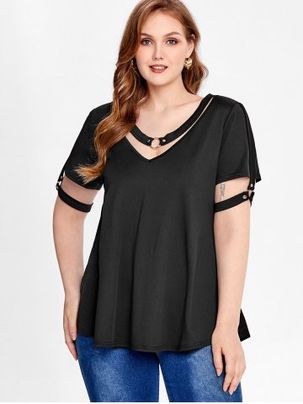 Plus Size O Ring Studded Cutout Tee