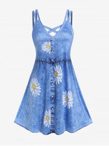 Plus Size 3D Denim Sunflower Print Crisscross A Line Sleeveless Dress - BLUE - 1X | US 14-16