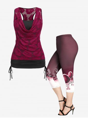 Cowl Neck Cinched Lace Tank Top and Capri Leggings Plus Size Summer Outfit - DEEP RED