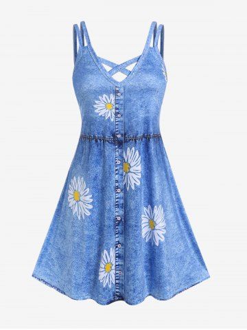 Plus Size 3D Denim Sunflower Print Crisscross A Line Sleeveless Dress