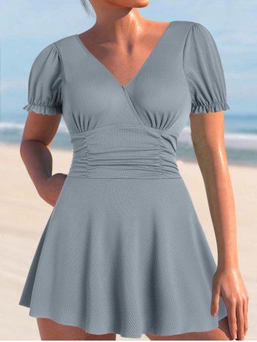 Ruched Textured Puff Sleeve Skirted One-piece Swimsuit - GRAY - ONE SIZE