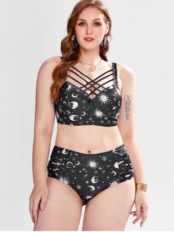 Plus Size Crisscross Sun Moon Print Underwire High Waist Tankini Swimsuit - BLACK - 2X