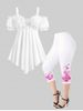 Cold Shoulder Butterfly Lace Empire Waist Tee and Capri Leggings Plus Size Summer Outfit -  