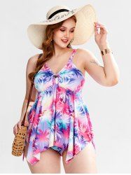 Plus Size Handkerchief Tropical Palm Print Tankini Swimsuit -  