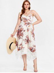 Plus Size Lace Panel Floral Print Handkerchief Midi Dress -  