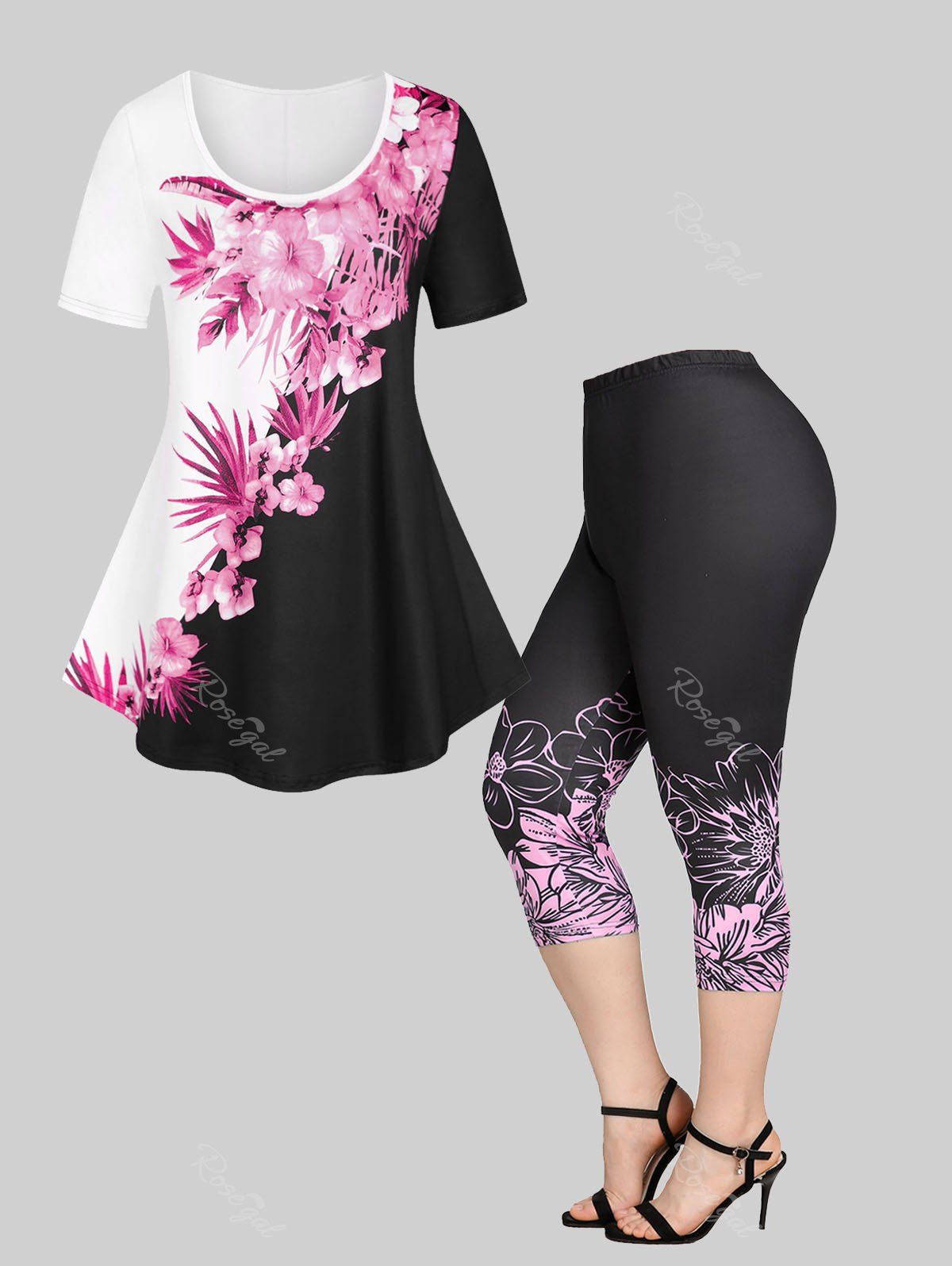 Outfit Colorblock Floral Print Tee and High Waist Floral Print Capri Leggings Plus Size Summer Outfit  