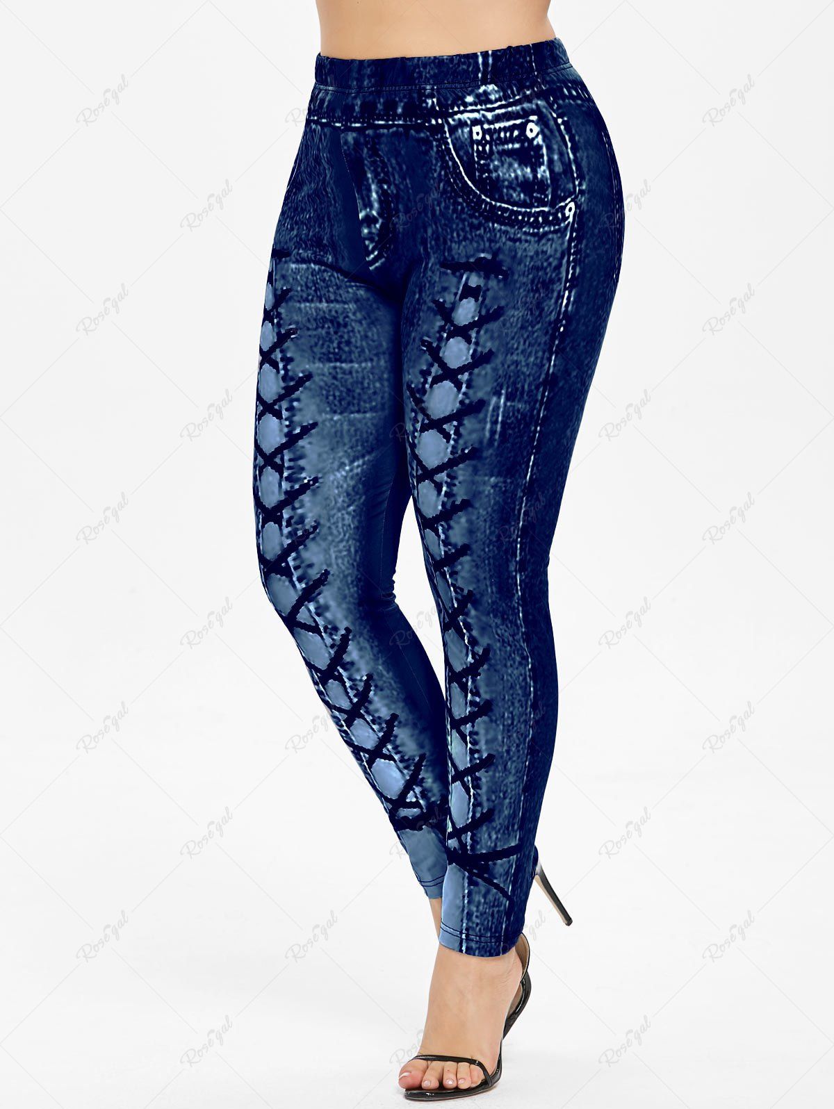 Legging 3D Imprimé à Taille Haute de Grande Taille Bleu Foncé Toile de Jean 2X