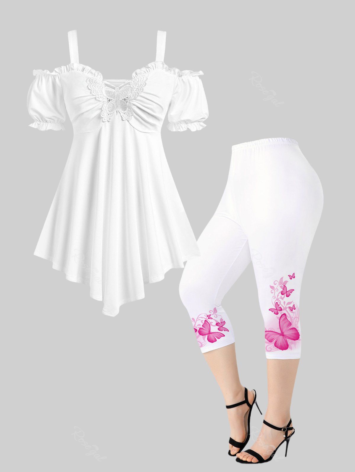 Online Cold Shoulder Butterfly Lace Empire Waist Tee and Capri Leggings Plus Size Summer Outfit  