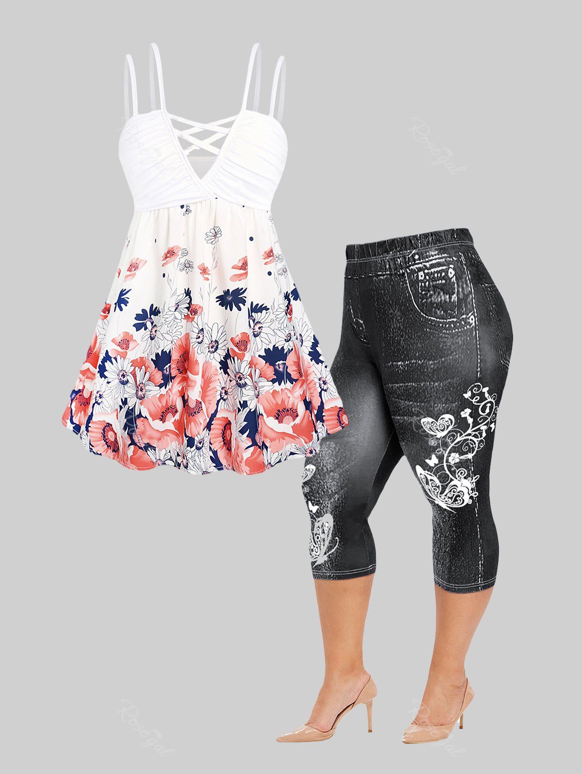 Best Curve Plunge Crisscross Floral Print Tank Top and Butterfly 3D Jean Print Leggings Plus Size Summer Outfit  