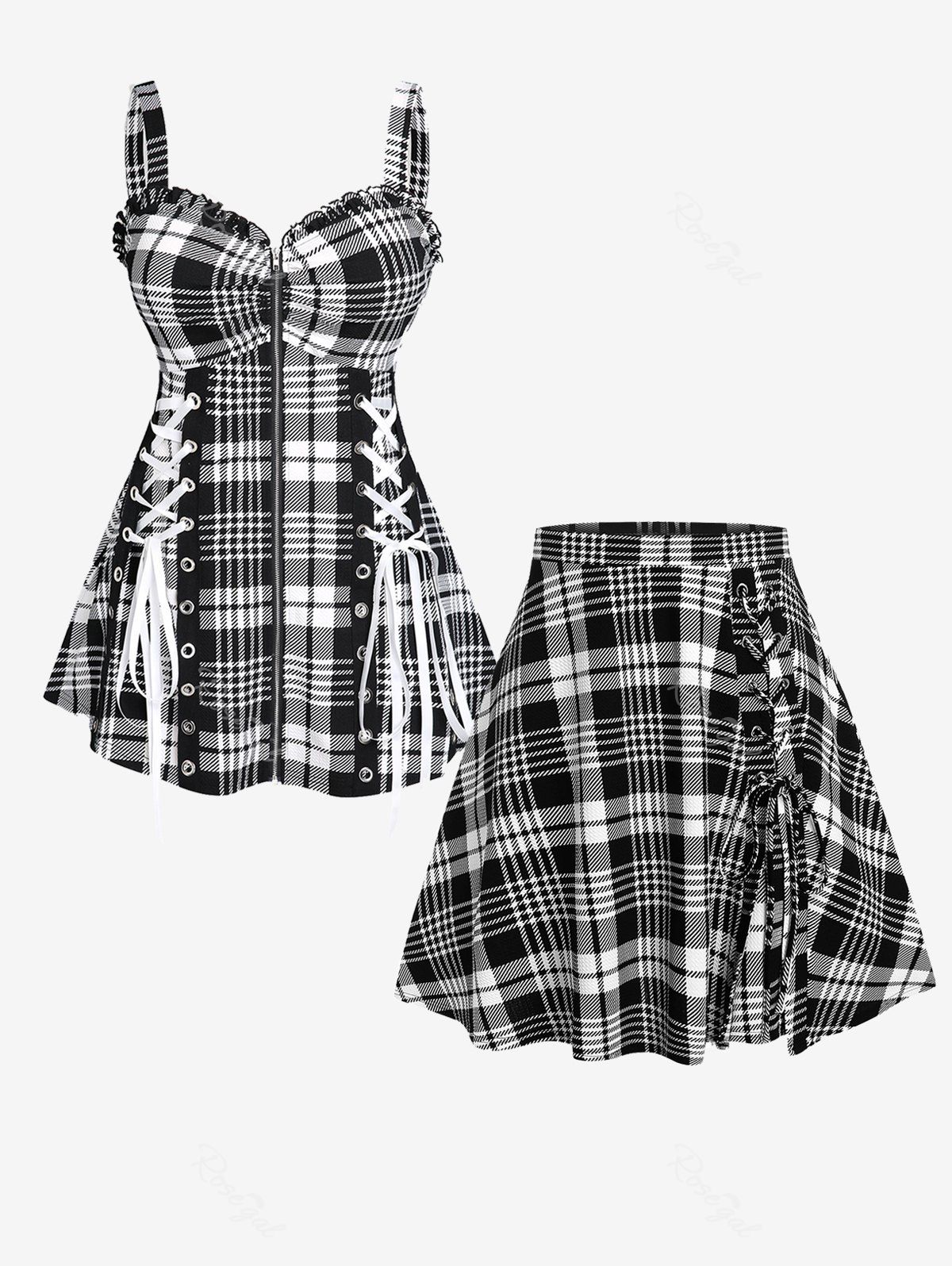 Cheap Plaid Lace Up Full Zipper Tank Top and Mini A Line Skirt Plus Size Summer Outfit  