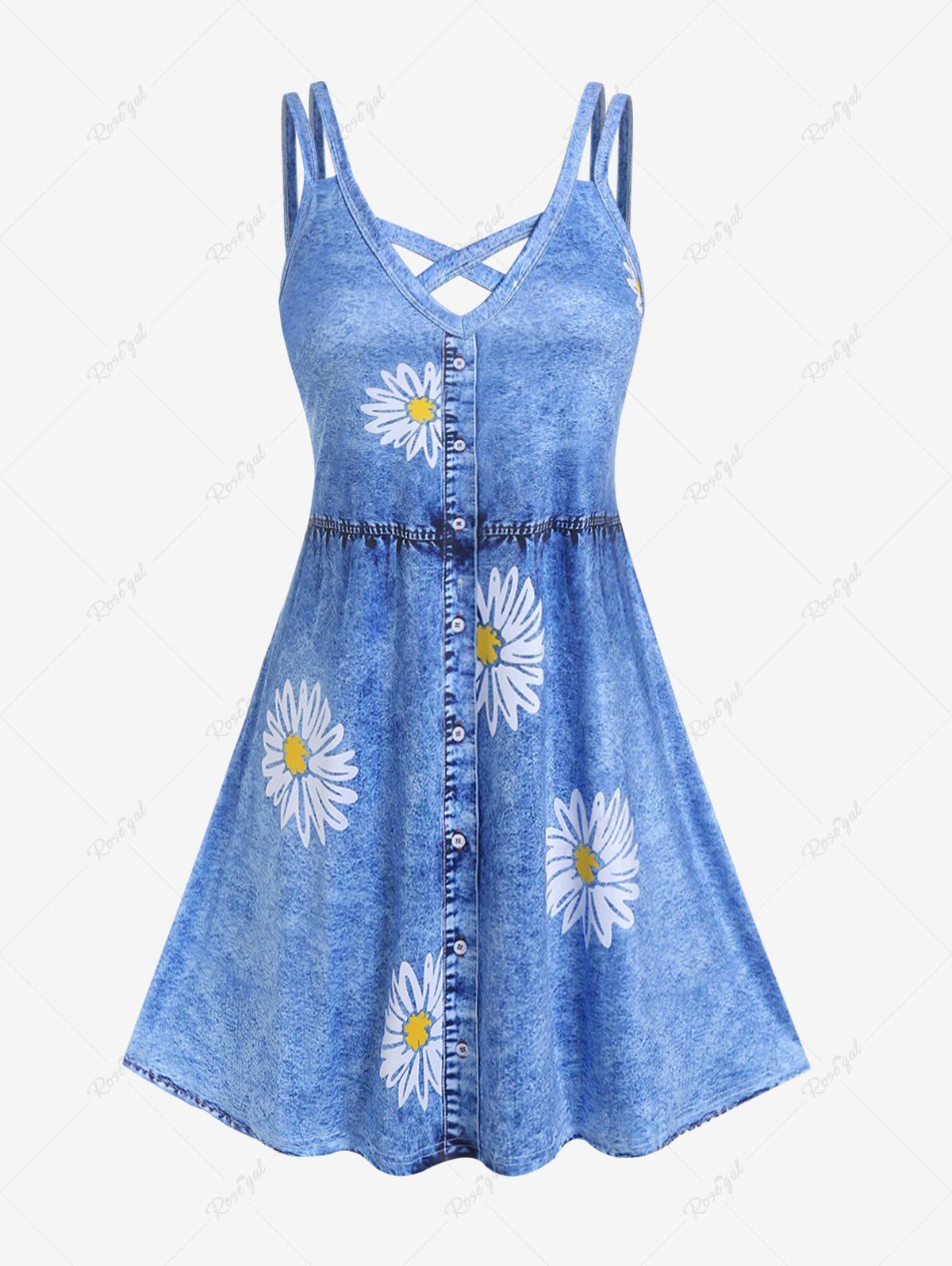 Trendy Plus Size 3D Denim Sunflower Print Crisscross A Line Sleeveless Dress  