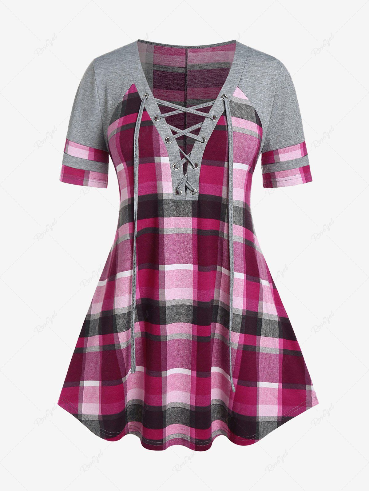 New Plus Size Plunge Plaid Lace Up Tee  