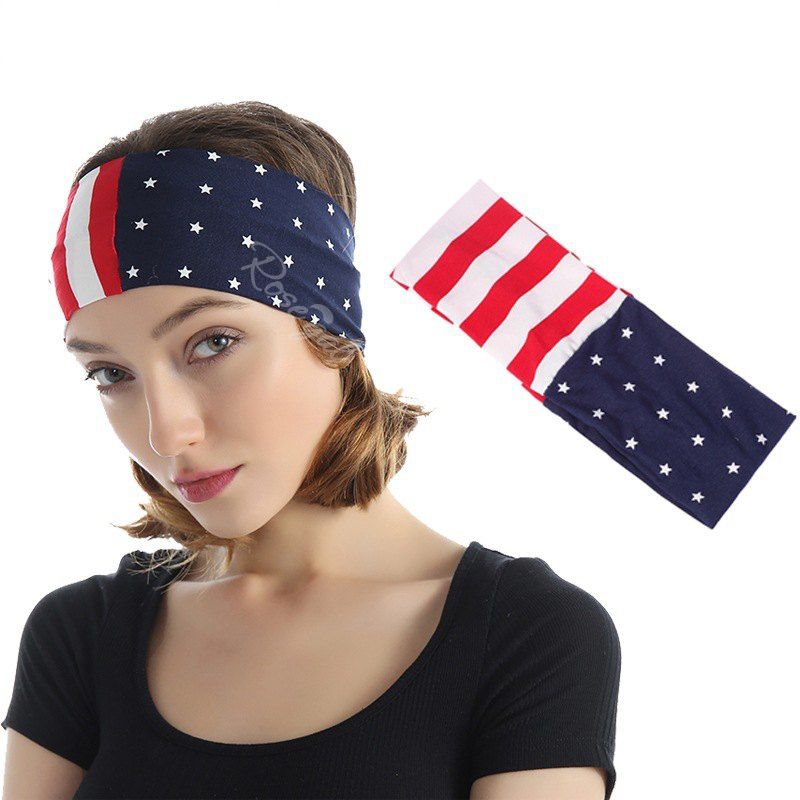 Sale USA Independence Day Flag Stripe and Star Print Wide Elastic Hairband  