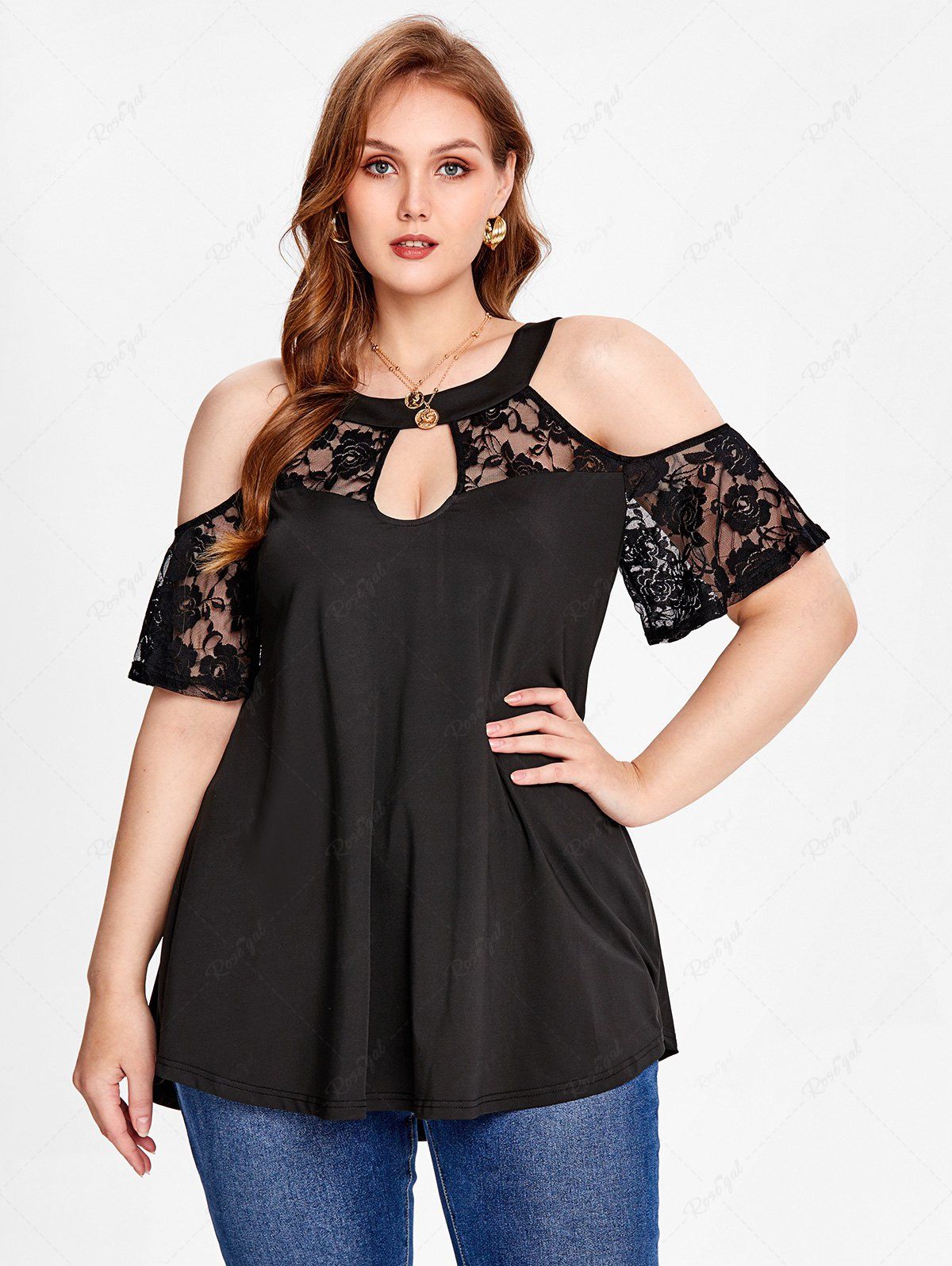 Trendy Plus Size Keyhole Cold Shoulder Lace Sleeve High Low Tee  