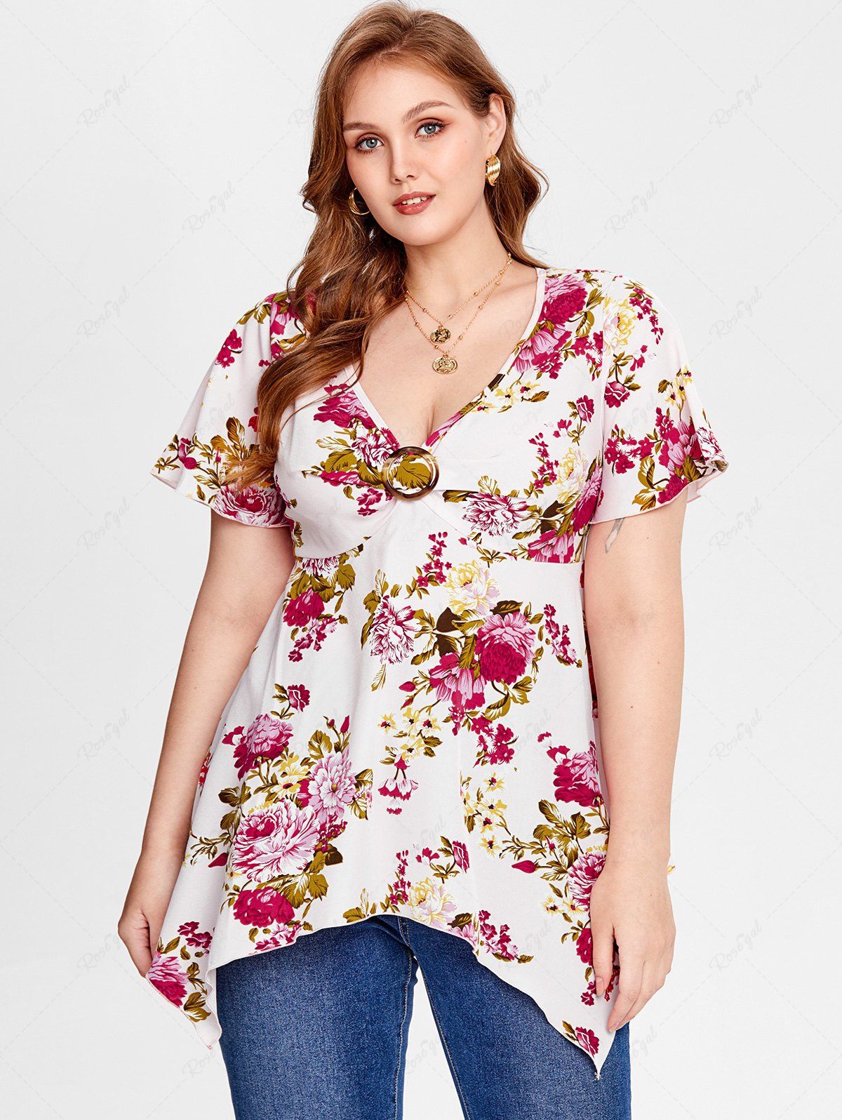 Fashion Plus Size Floral Print Plunge Handkerchief Blouse  