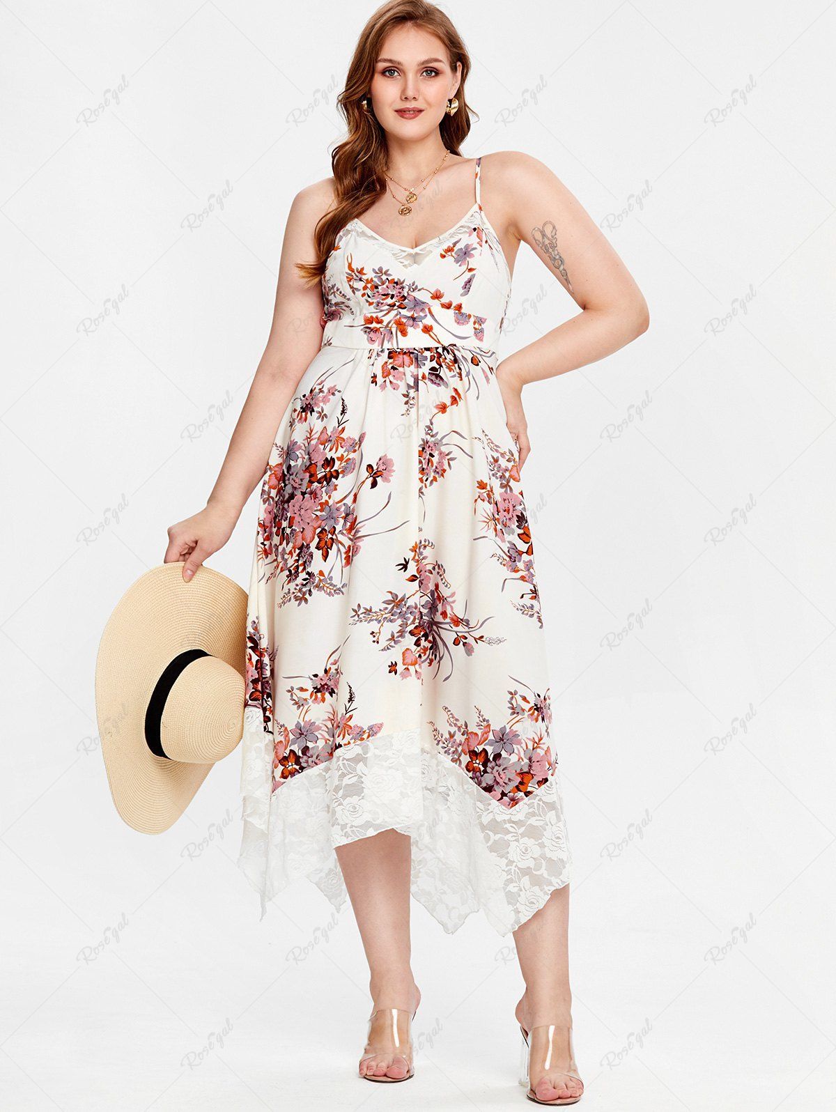 Best Plus Size Lace Panel Floral Print Handkerchief Midi Dress  