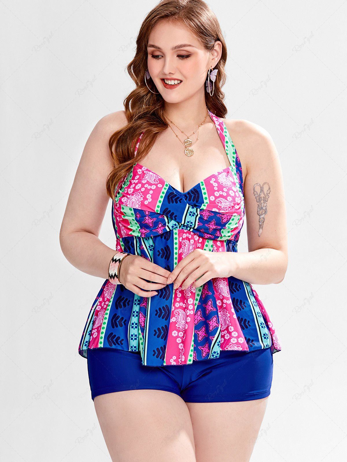 Sale Plus Size Halter Mixed Print Backless Boyleg Tankini Swimsuit  