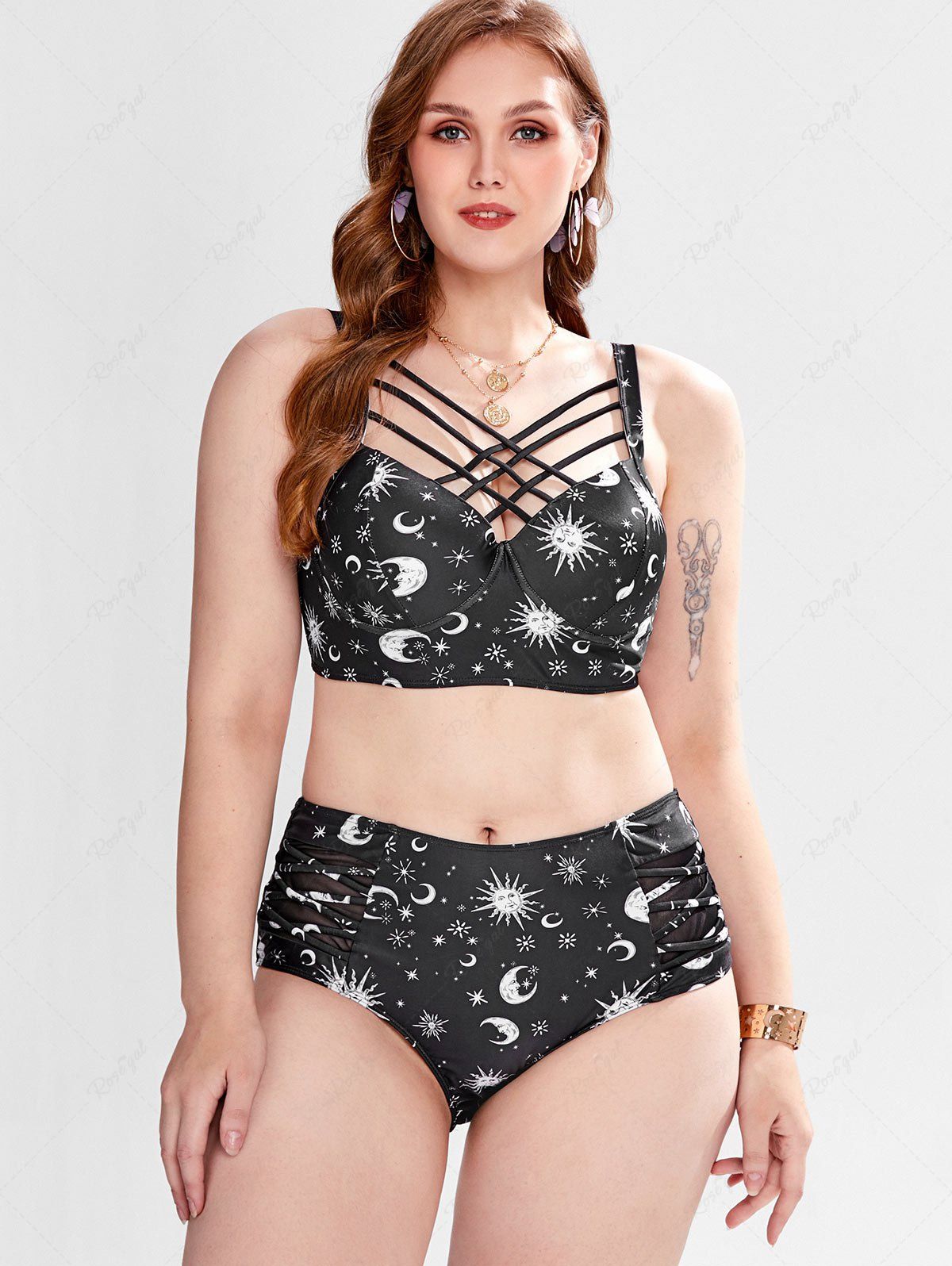 Chic Plus Size Crisscross Sun Moon Print Underwire High Waist Tankini Swimsuit  