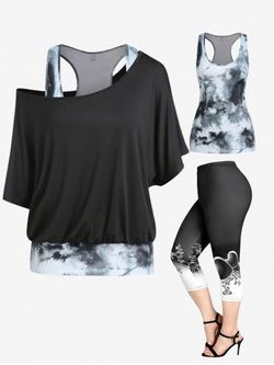 Skew Neck Batwing Sleeve Tee and Tie Dye Racerback Tank Top Set and High Waist Heart Floral Print Capri Leggings Plus Size Summer Outfit - 黑色