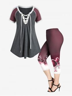 Colorblock Lace Up Casual T Shirt and High Waist Heart Floral Print Capri Leggings Plus Size Summer Outfit - DEEP RED