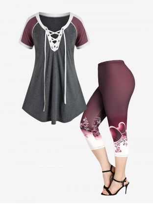 Colorblock Lace Up Casual T Shirt and High Waist Heart Floral Print Capri Leggings Plus Size Summer Outfit