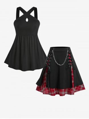 Cross Tunic Top and Gothic Chains Lace Up Layered Plaid Skirt Plus Size Summer Outfit
