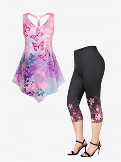 Floral Butterfly Print Asymmetric Tank Top and Capri Leggings Plus Size Summer Outfit - LIGHT PINK