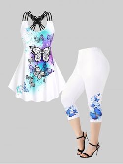 Butterfly Print Strappy Tank Top and High Rise Capri Leggings Plus Size Summer Outfit - WHITE