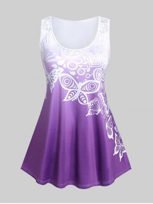 Plus Size Ombre Color Butterfly Print Flowy Tank Top