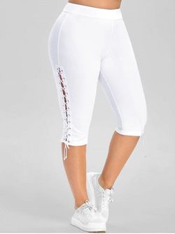 Plus Size High Waisted Lace Up Capri Pants - WHITE - 4X | US 26-28
