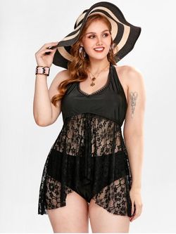 Plus Size High Low Lace Panel Halter Backless Padded Tankini Swimsuit - BLACK - L