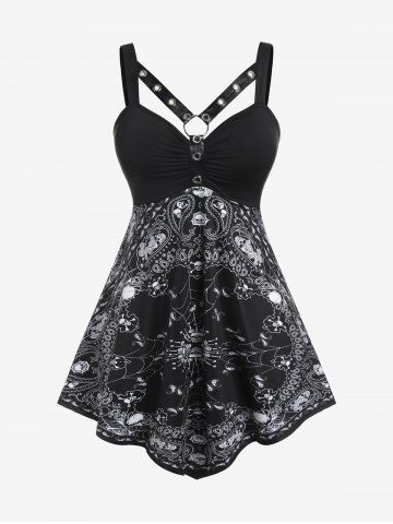 Plus Size Paisley Skull Print Harness Gothic Tank Top