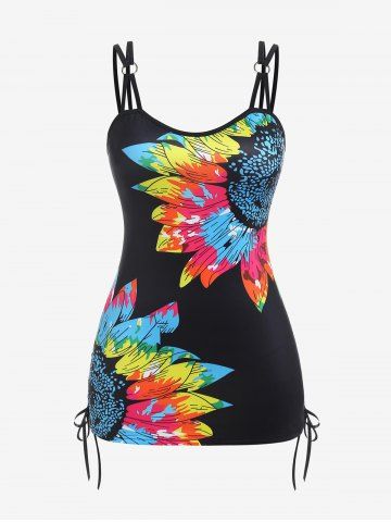 Plus Size Lace Up Sunflower Print Tank Top