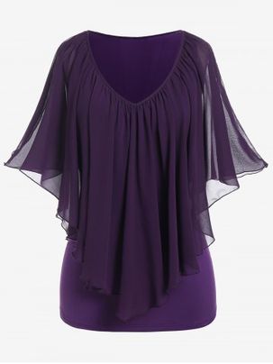 Plus Size Chiffon Overlay Cold Shoulder Tee