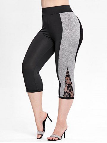 Plus Size High Waist Lace Panel Colorblock Capri Leggings - BLACK - L | US 12