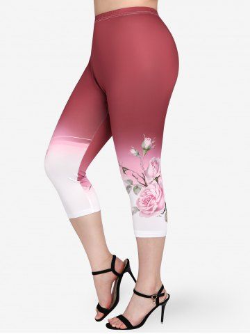 Plus Size Floral Print Ombre Color Capri Skinny Leggings - RED - 5X | US 30-32