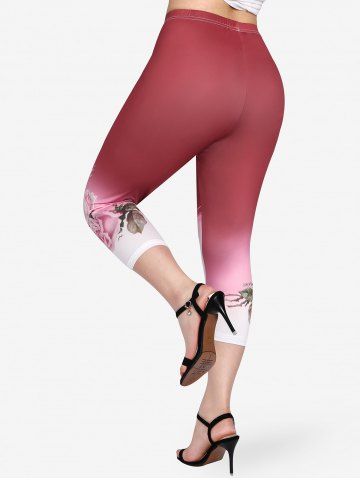 Plus Size Floral Print Ombre Color Capri Skinny Leggings